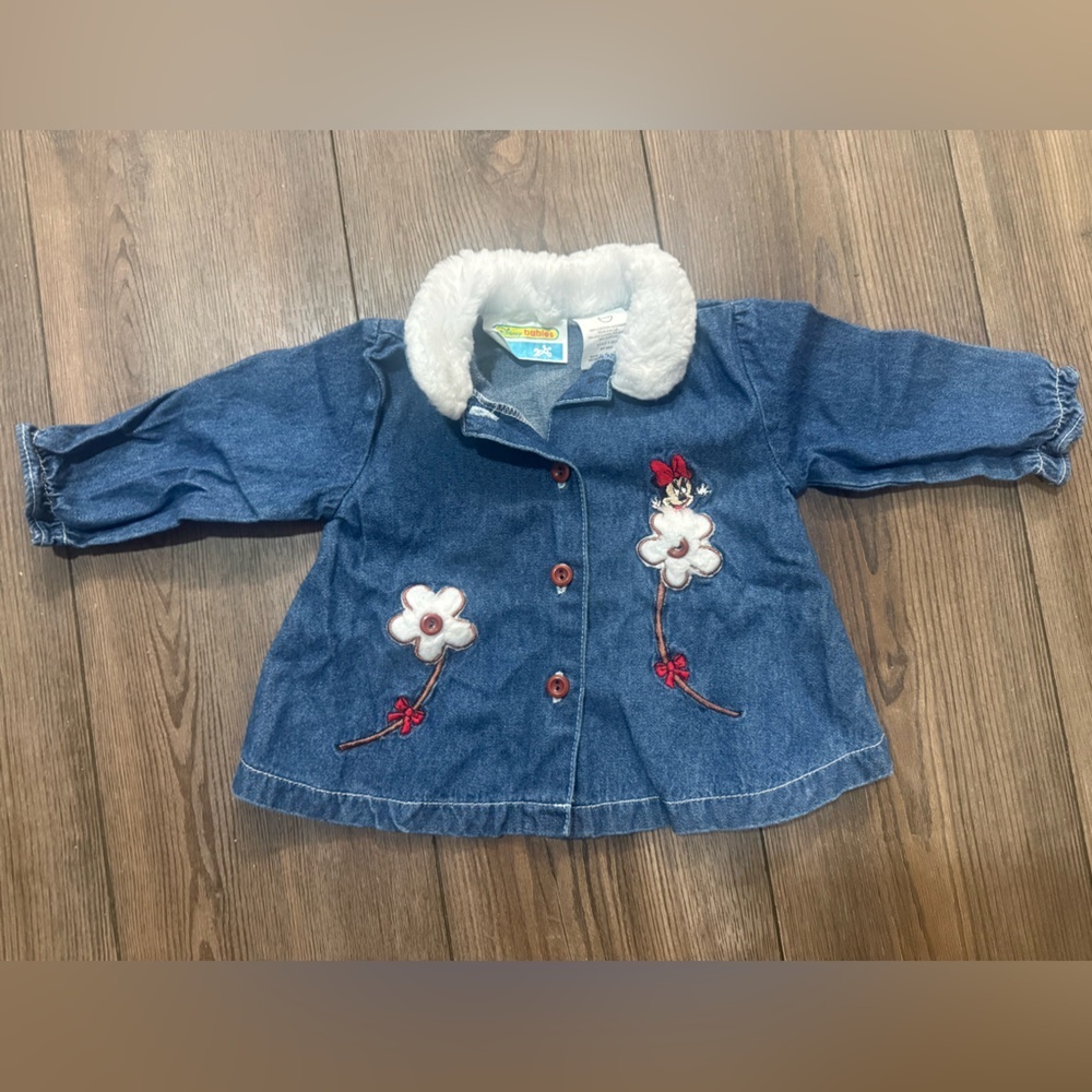 Vintage Y2K Disney Babies Minnie Mouse Denim Sherpa Floral Appliqué 6-9M Coat